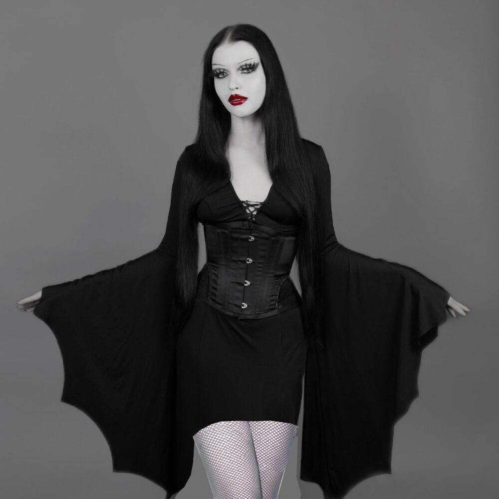 Women's Black Halloween Long Wide Sleeves Addams Costume Wrap Gothic Witch Dress - Picture 3 of 6